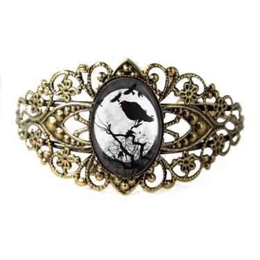 Imagem de Pulseira de filigrana de corvo e lua cheia - Halloween gótico feito à mão, bronze antigo prata ou preto, joia de vidro vintage estilo vitoriano feita à mão - 955-2-CB, Adjustable, Vidro, Sem Pedra