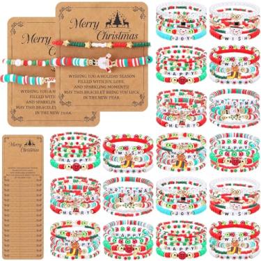 Imagem de Huquary 100 pulseiras de Natal a granel com 50 peças de cartões de felicitações Kraft para mulheres, pulseiras de argila de polímero de Natal com contas de amizade, joias elásticas ajustáveis para