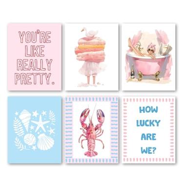 Imagem de Bgohrd Conjunto de pôsteres rosa preppy, impressões de arte de parede costeira para banheiro e sala de estar, pôster moderno de pintura marítima para adolescentes meninas dormitório banheiro quarto