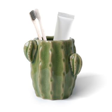 Imagem de Suporte de escova de dentes de cacto de cerâmica para banheiros, suporte de pasta de dente bonito conjunto de suporte de escova de dentes, para balcão de banheiro e mesa de escritório divertido