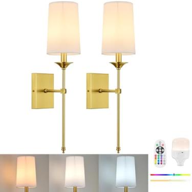 Imagem de TERLEENART Conjunto de 2 arandelas de parede operadas por bateria, luzes de parede recarregáveis sem fio com lâmpada RGB regulável e controle remoto, 15 cores ajustáveis, fácil instalação, sem fiação