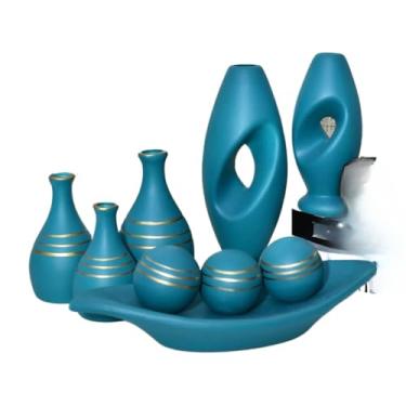 Imagem de Vaso Decorativo De CerâMica – Vaso Artesanal, Adequado Para Colocar No Centro Da Mesa De Jantar, Aparador, Alcova Ou Prateleira.(AZUL RISCA 9PÇS)