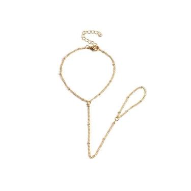 Imagem de Pulseira de ouro com corrente de mão para mulheres, anel delicado, joias, presentes modernos, acessórios de moda, Medium, Latão, Sem Pedra Preciosa