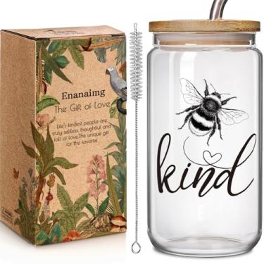 Imagem de Enanaimg Yellow Bee Copo de vidro gelado de 473 ml com tampa e canudo Presentes de escritório para amantes de abelhas, amigas, amigas, irmãs da alma, sinal de ser gentil, melhores presentes de