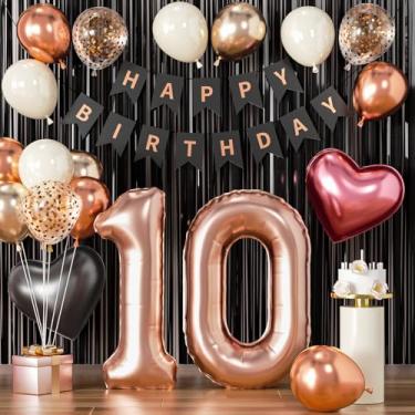 Imagem de Decorações de aniversário de 10 anos para meninas, balões de ouro rosa e preto, faixa de dois dígitos, Happy 10, ouro rosa, número 10, balão para decoração de festa de 10 anos