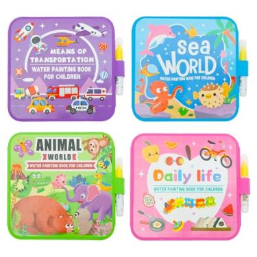 Imagem de Pacote com 4 livros de colorir com água, livro reutilizável de pintura de água com caneta para crianças, conjuntos de livros de arte de água sem bagunça, artesanato, atividades de desenho, brinquedo