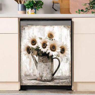 Imagem de Cowfeel Capa de decoração de ímã de máquina de lavar louça de girassol branco, decalque magnético de vinil de flores de madeira rústica para máquina de lavar louça, geladeira, armário 58 cm L x 66 cm