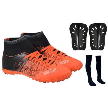 Imagem de Chuteira Society Botinha Cano Alto Costurada Leve + Caneleira e Meião 