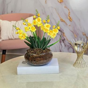 Imagem de Arranjo Flores Artificiais Orquídeas Vaso de Vidro,Sem Manutenção, Durável, Realista,Decora Sala & Escritório para Amantes de Decoração(Amarelo)