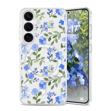 Imagem de EYZUTAK Capa magnética para Samsung Galaxy S23 Plus com flores compatível com MagSafe, bonita floral elegante estética capa protetora transparente antiamarelamento para meninas e mulheres - azul