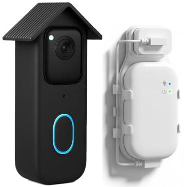 Imagem de Capa de silicone Blink para campainha (preto) com suporte de parede central de módulo de sincronização (branca), kit de montagem de tomada sem perfuração para campainha de vídeo Blink (última geração