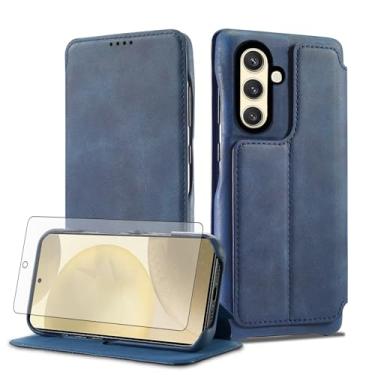 Imagem de Asuwish Capa de celular para Samsung Galaxy S24 carteira de celular com protetor de tela de vidro temperado e flip couro PU porta-cartões de crédito acessórios S 24 24S mulheres homens azul