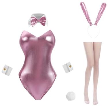 Imagem de CR ROLECOS Fantasia feminina de coelhinho cosplay lingerie adulto fantasia de Halloween rosa, GG