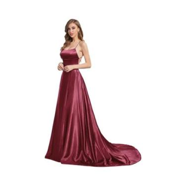 Imagem de Vestido De Dama De Honra Sexy Em Cetim Macio, Modelo Evasê Com Alças F