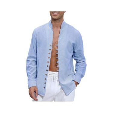 Imagem de Camisa Casual Masculina De Manga Longa Em Algodão E Linho Respirável L