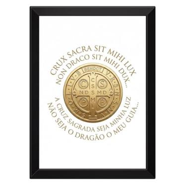 Imagem de Quadro São Bento Medalha Com a Oração Fundo Branco (Moldura Branca, 21x30cm)