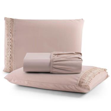 Imagem de Jogo Cama Lençol Haia Queen Percal 200 Fios 100% Algodão Guipir Bordado Inglês 3 Peças - Avelã