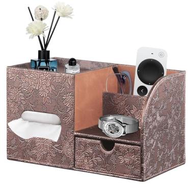 Imagem de Fanousy Capa quadrada de caixa de lenços com armazenamento de gaveta e bandeja na parte superior, suporte de caixas de cubo de couro PU, organizador de mesa de cabeceira moderno, suporte de controle