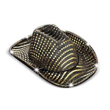 Imagem de Chapéu de cowboy preto com lantejoulas douradas e luzes LED - yiweisai