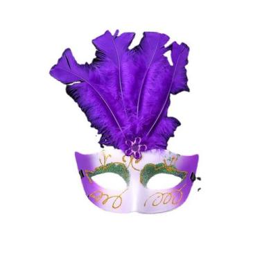 Imagem de Máscara de Natal com capa de meia face de plástico de penas roxas - yi