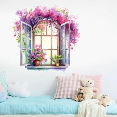 Imagem de Adesivo de parede colorido para janela de flores em aquarela PVC 30x60