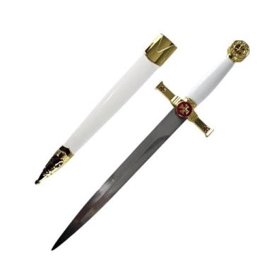 Imagem de Adaga Decorativa Templária Cruz Branca Dourada Com Bainha - Tenda Medi