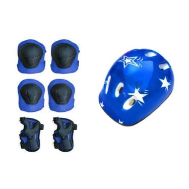 Imagem de Capacete Infantil Rosa com Kit Proteção  Joelheiras e Cotoveleiras Azu