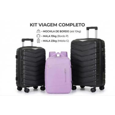 Imagem de Kit Triplo Mala de Viagem Rigida 23kg + 10Kg Preta e Mochila de Bordo 