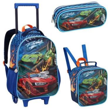 Imagem de Kit Mochila Rodinha Infantil Menino Escolar Carros Super Racing Team S