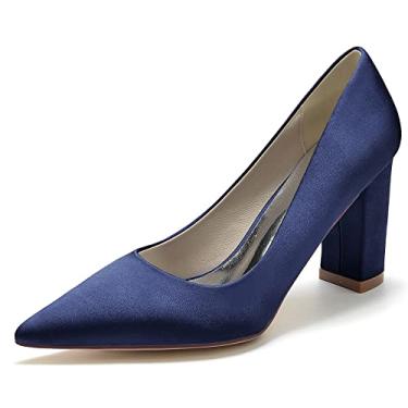 Imagem de Sapatos de noiva femininos bico fino grosso salto alto marfim de cetim sapatos sapatos sociais 36-43,Dark blue,6 UK/39 EU
