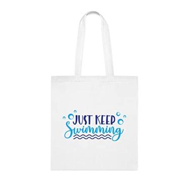 Imagem de Just Keep Swimming Tote Bag, presente de natação engraçado, bolsa de ombro de natação, sacos reutilizáveis para natação, cesta de Natal de aniversário, Branco