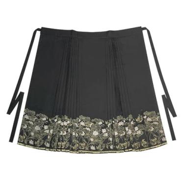 Imagem de MAIFURUN Hanfu Saias de rosto de cavalo dourado tecido preto patch terno melhoria meia saia feminina Hanfu Femme, Saia com cara de cavalo, Small