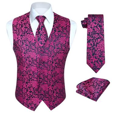 Imagem de HISDERN Conjunto de gravata masculina 3 peças colete formal Paisley floral jacquard gravata bolso quadrado terno coletes festa de casamento, Rosa choque, Medium