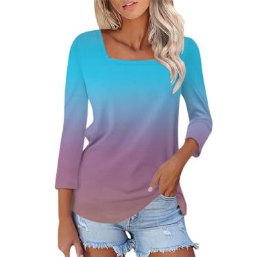 Imagem de Camisetas femininas com gola quadrada manga 3/4, casuais, básicas, de verão, estampadas, soltas, túnica, #04 - azul-celeste, GG