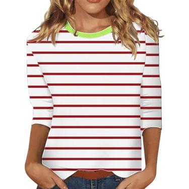 Imagem de Camisetas femininas listradas colorblock manga 3/4 comprimento gola redonda blusas casuais moda verão 2024 moda túnica elegante, X2-vermelho, G