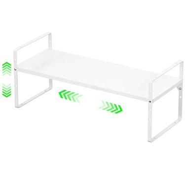 Imagem de LOCVCDA Prateleira expansível para armário de cozinha, organizador empilhável de prateleiras de armazenamento de despensa de metal, suporte de especiarias com altura ajustável para armário de cozinha,