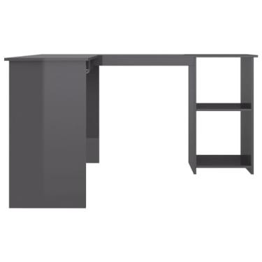 Imagem de Mesa de canto em forma de L, cinza de alto brilho, madeira projetada, 120 x 140 x 75 cm, com seção de teclado deslizante, 2 prateleiras abertas, fácil de montar, prática para escritório ou sala de