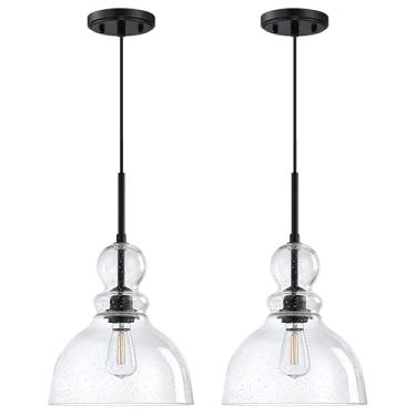 Imagem de Leading Lighting Pacote Com 2 Luminárias Pendentes Para Ilha De Cozinha, 1 Luminária Vidro Transparente Sementes, Acabamento Preto, Estilo Fazenda Moderna, Sala Jantar Sobre A Pia