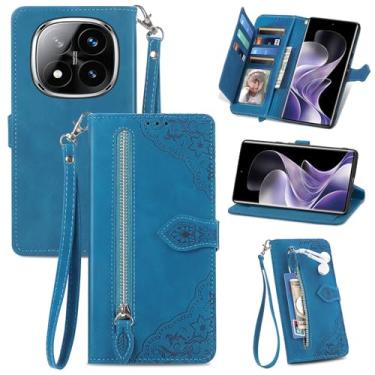 Imagem de Fofvccv Capa carteira de flores em relevo para Xiaomi Redmi Note 14 Pro 5G com porta-cartões bolso com zíper e alça de pulso, capa flip de couro PU com suporte para Redmi Note 14 Pro 5G SZY azul
