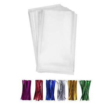 Imagem de 200 sacos de plástico transparente para violoncelo 10 x 22 cm com laços torcidos de 10 cm, 6 cores mistas – sacos de petisco OPP de 1,4 mm de espessura para embrulho de presente, decorações de armazenamento (10 x 22 cm)
