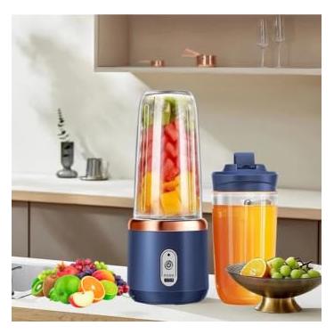Imagem de Liquidificador Portátil USB Copo duplo, 6 Lâminas, 40W, Copo Duplo para Sucos e Vitaminas, Mini mixer (Azul)