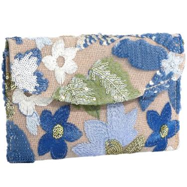 Imagem de XquiziFit Bolsa clutch feminina floral para noite para festa bordada com lantejoulas e contas, Azul, tamanho pequeno, Small: 7.8" × 5.1"