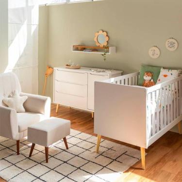 Imagem de Kit Quarto Theo com Pés Retrô Natural - Berço + Cômoda 3 Gavetas e 1 P