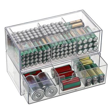 Imagem de BTSKY Pacote com 2 organizadores de armazenamento de bateria de acrílico transparente para pilhas AA, AAA, 9V, C, D, caixa de armazenamento de 2 gavetas, suporte de bateria para tipos comuns