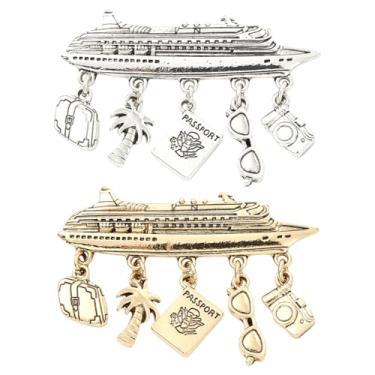 Imagem de UR URLIFEHALL 2 broches de navio de cruzeiro com pingentes pendentes de lapela dourados e prateados para terno, mochila, bolsa, roupas, jaqueta, boné, artesanato DIY
