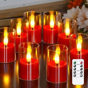 Imagem de Yeelida 8 peças de luzes de chá de LED de acrílico transparente operadas por bateria de 4,3 cm x 6,3 cm, temporizador de 2/4/6/8h, velas votivas vermelhas falsas com baterias, luzes quentes