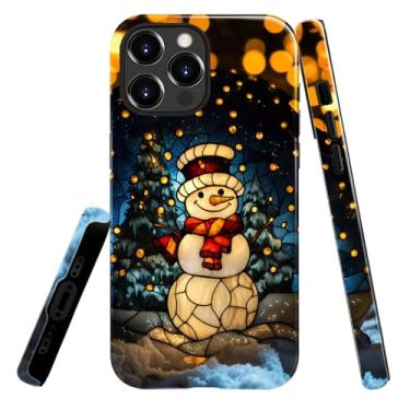 Imagem de heindiy Compatível com iPhone 13 Pro Max, capa brilhante, proteção total, à prova de choque, anti-arranhões, capa de TPU, capas para homens e mulheres - vintage Natal boneco de neve vitral