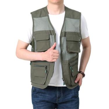 Imagem de Colete De Pesca Ao Ar Livre, Colete Casual Para Homem Com Vários Bolsos Malha Respirável Fecho Cargo Sem Mangas, Casaco De Trabalho Campismo Prova Vento Impermeável Aberto(Military green,5XL)