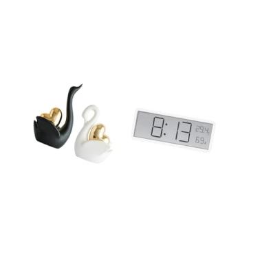 Imagem de Fenteer Estatuetas de Cisne, Enfeites de Mesa, Artesanato, Decoração de Casal, Estátuas para Estante, Entrada com Relógio de Parede Digital, Mesa, Multiuso, D