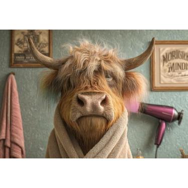 Imagem de Vaca Highland engraçada em roupão de banho – Quebra-cabeça de madeira de 1000 peças para adultos – Cena peculiar de humor animal